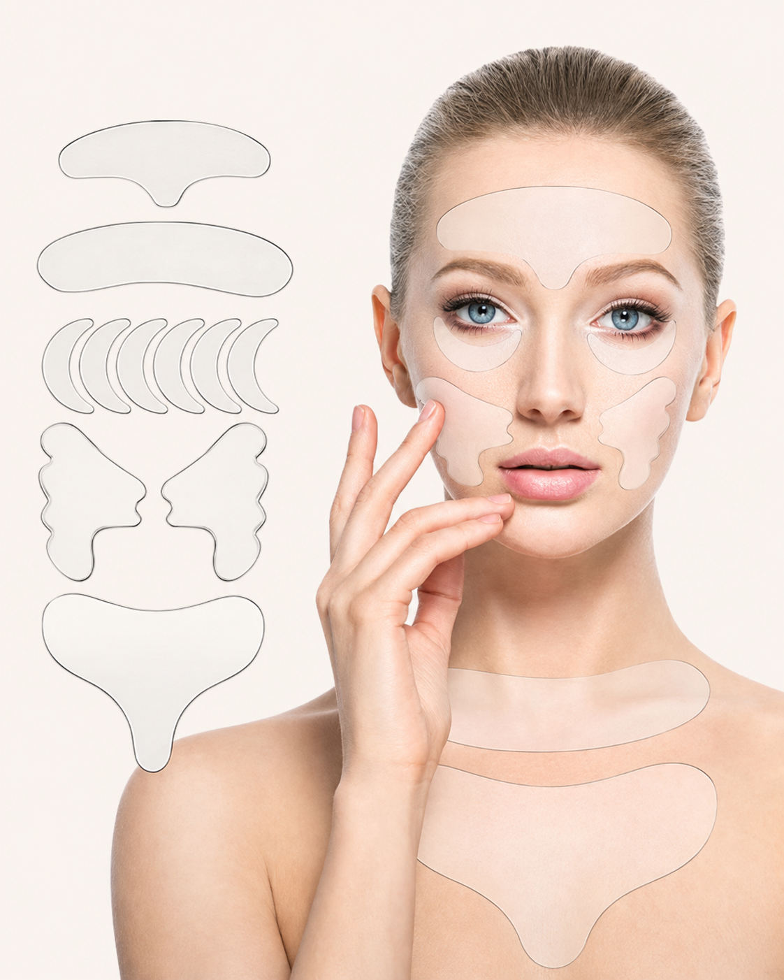 Parches de silicona colocados en rostro, cuello y escote